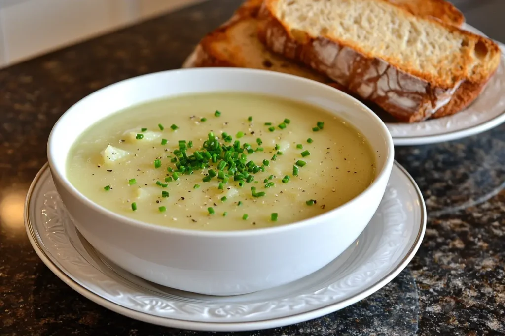 4 ingredient potato soup topped with chives