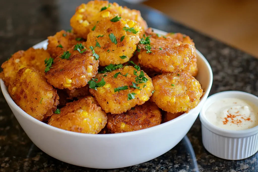 Delicious golden crispy corn nuggets recipe with ranch dressing.