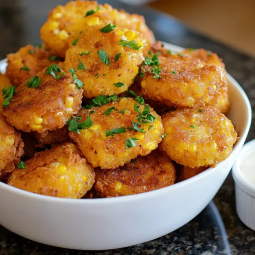 Delicious golden crispy corn nuggets recipe with ranch dressing.